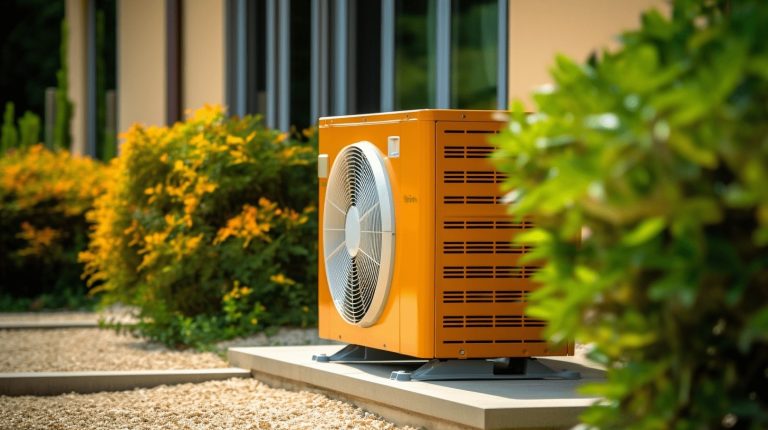 L'unité extérieure d'une pompe à chaleur réversible de couleur orange