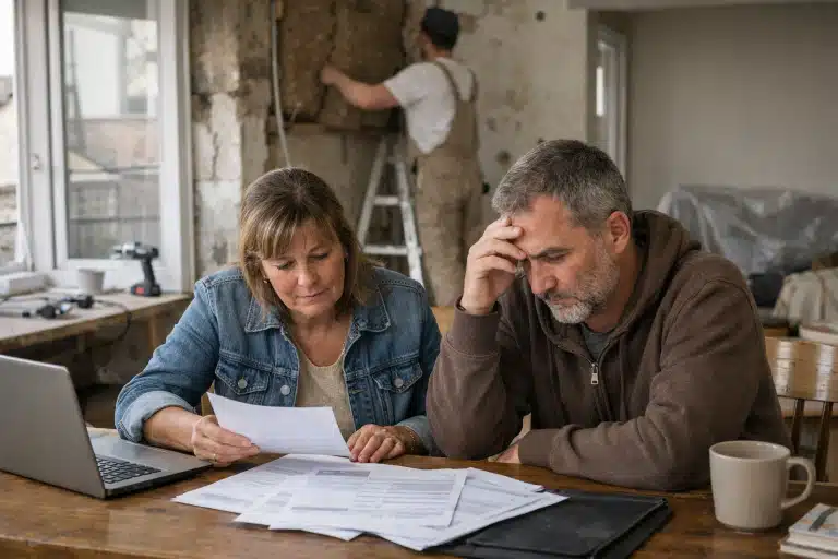 Couple préoccupé examinant des factures, ouvrier réparant le mur