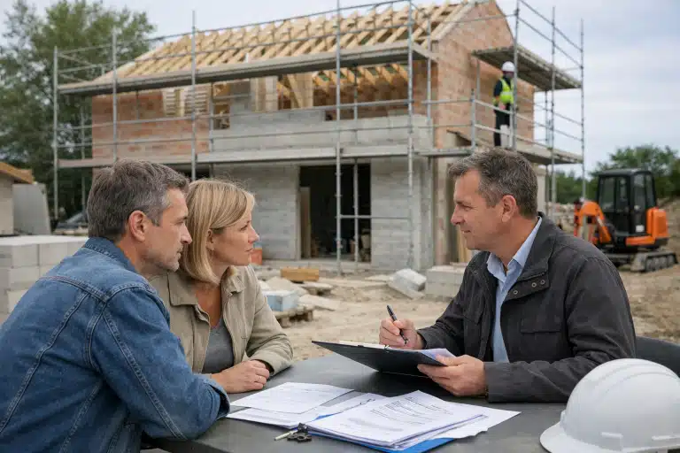 Couple discutant plans avec un professionnel sur le chantier