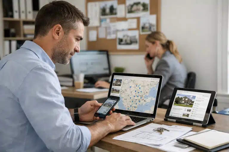 Homme consultant une carte sur tablette et smartphone