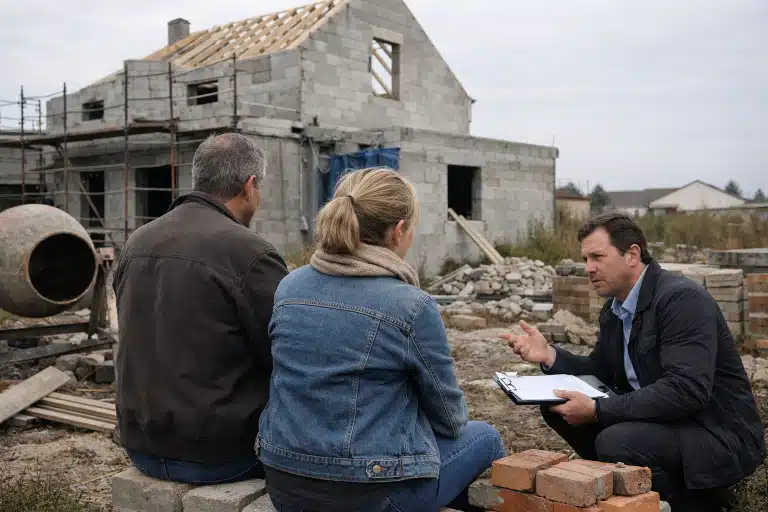 Couple discutant avec homme en costume devant maison en construction