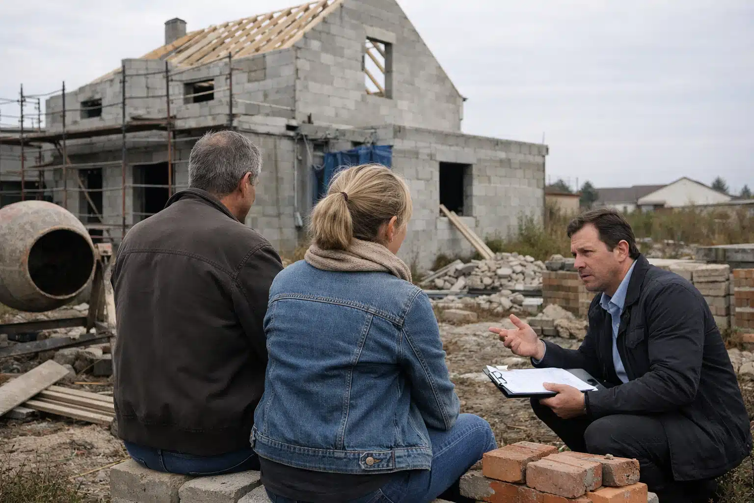 Couple discutant avec homme en costume devant maison en construction