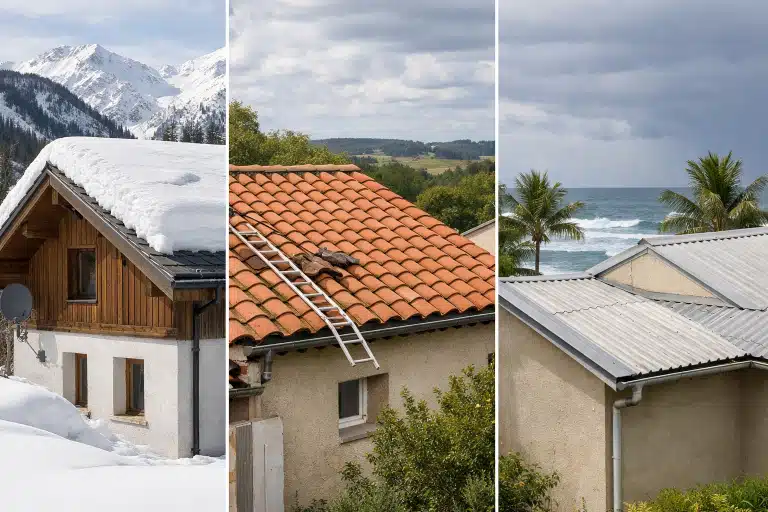 Trois toits contrastés : chalet enneigé, tuiles, zinc côtier
