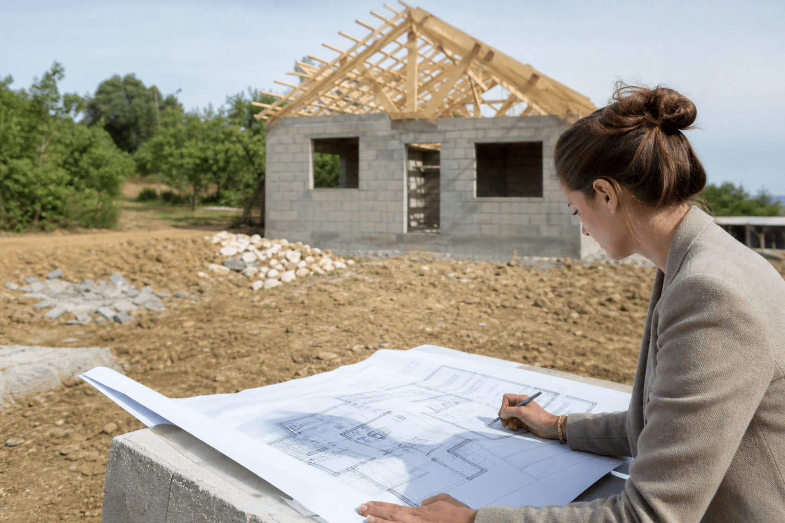 Femme examinant des plans devant une maison en construction
