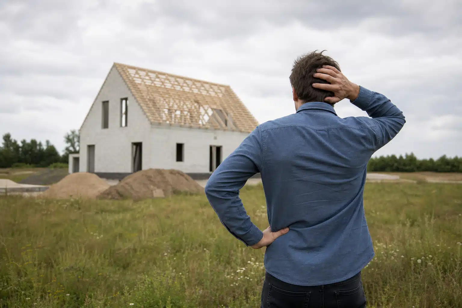 Homme observant maison en construction avec charpente